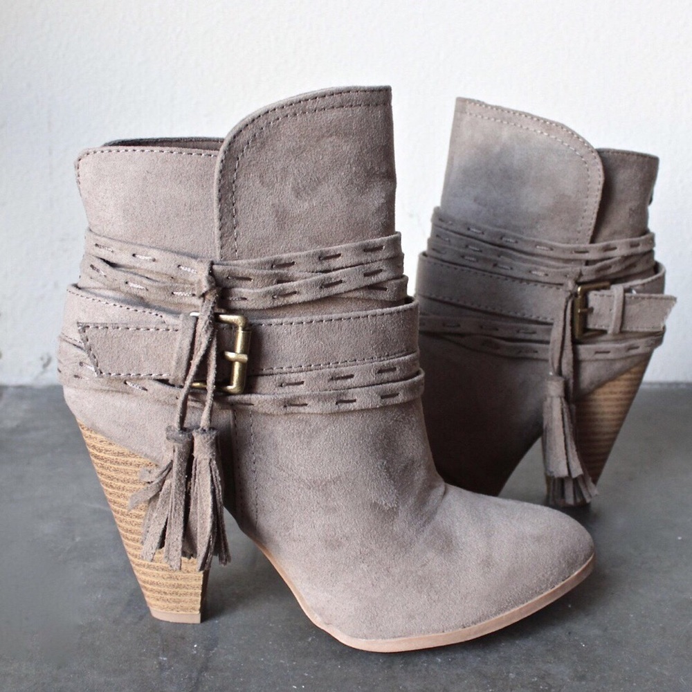 Taupe Suede Tassel  Wrap Buckle Ankle Booties - Picture 3 of 4